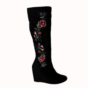 Black Embroidered Floral Boots Size 11 Wedge Knee High SM New York Faux Suede